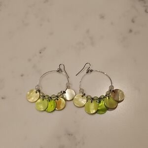 Silver Hoop Earrings with Lime and Cream Shell Discs